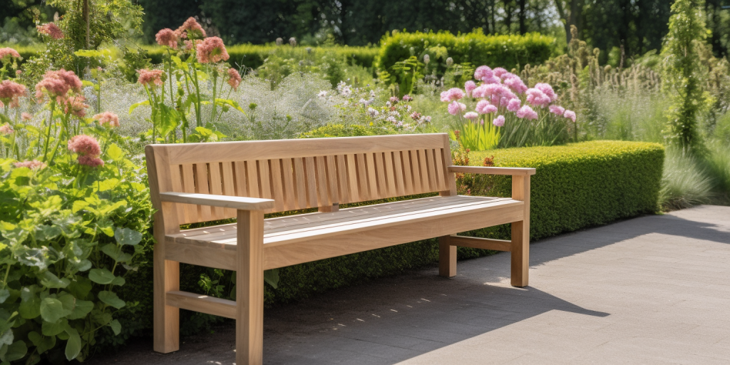 Heerlijk ontspannen op een tuinbank bij het zwembad